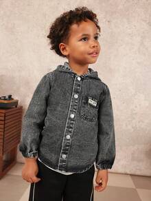 SUMWON Camisa con capucha de mezclilla para niños, abotonada, de manga larga, chaqueta casual con capucha, lavado vintage para otoño e invierno, para vacaciones - Negro - Ver 7