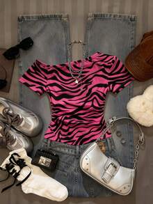 Glimmora 女士斑马纹斜肩短袖时尚T恤 - 彩色 - 查看 2
