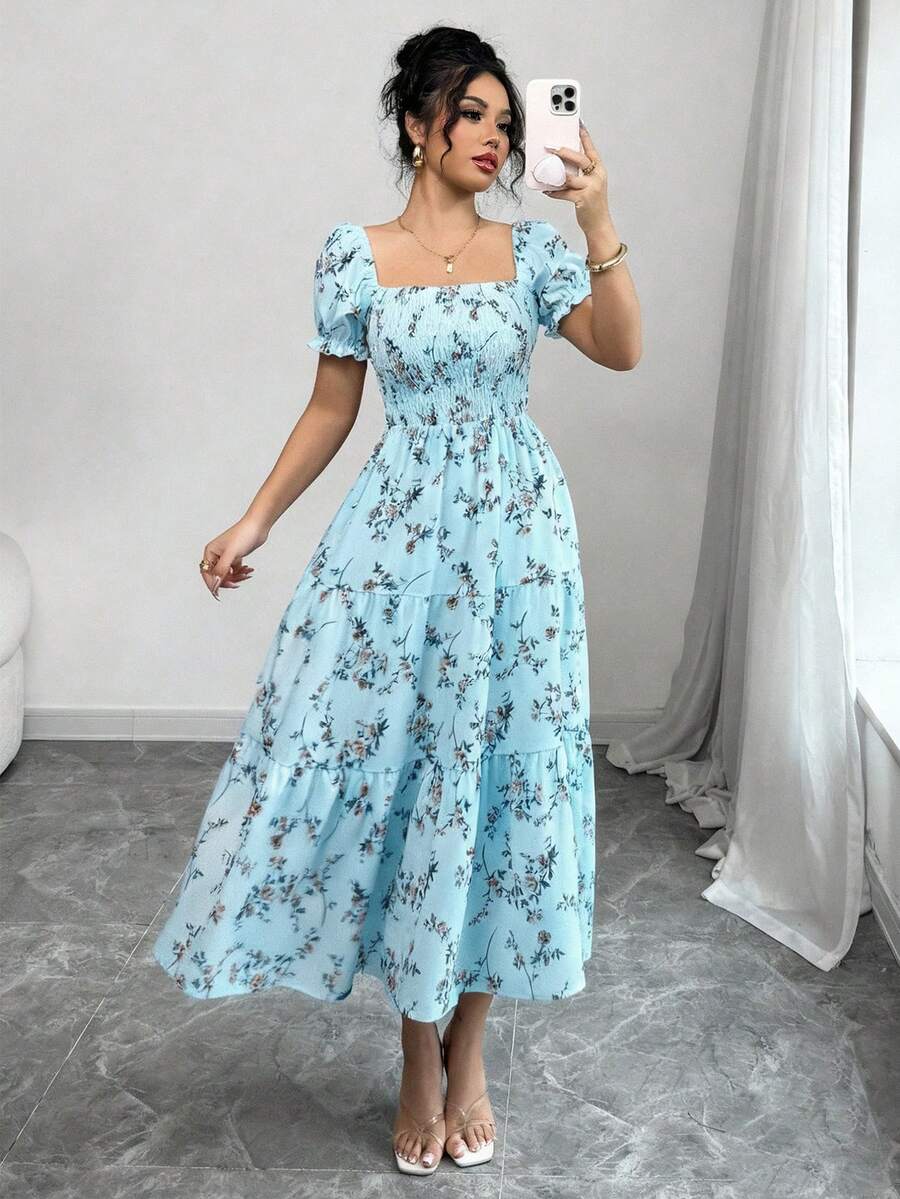 Elenzga 女士春夏方领褶裥短袖荷叶边长款连衣裙，饰有小碎花图案，适合休闲日常、工作、旅行、海滩、波西米亚风、西部风、音乐节、乡村风格等场合。 - 藍色 - 查看 1