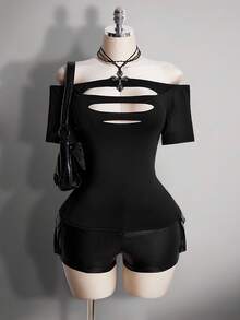 SHEIN ICON 大码复古千禧风 Y2K 性感辣妹时尚个性大胆街头风简约百搭哥特朋克摇滚露肩破洞黑色修身T恤 - 黑色 - 查看 1