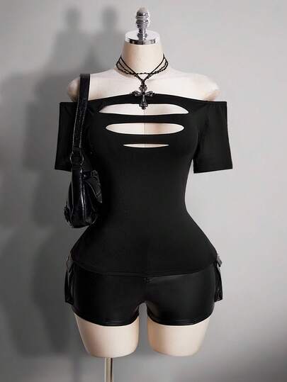 SHEIN ICON Plus Size Retro Millennial Style Y2K Sexy Hot Girl Fashion Individual Bold Street Style Simple Versatile Gothic Punk Rock Off-Shoulder Ripped Cutout Black Slim Fit T-Shirt