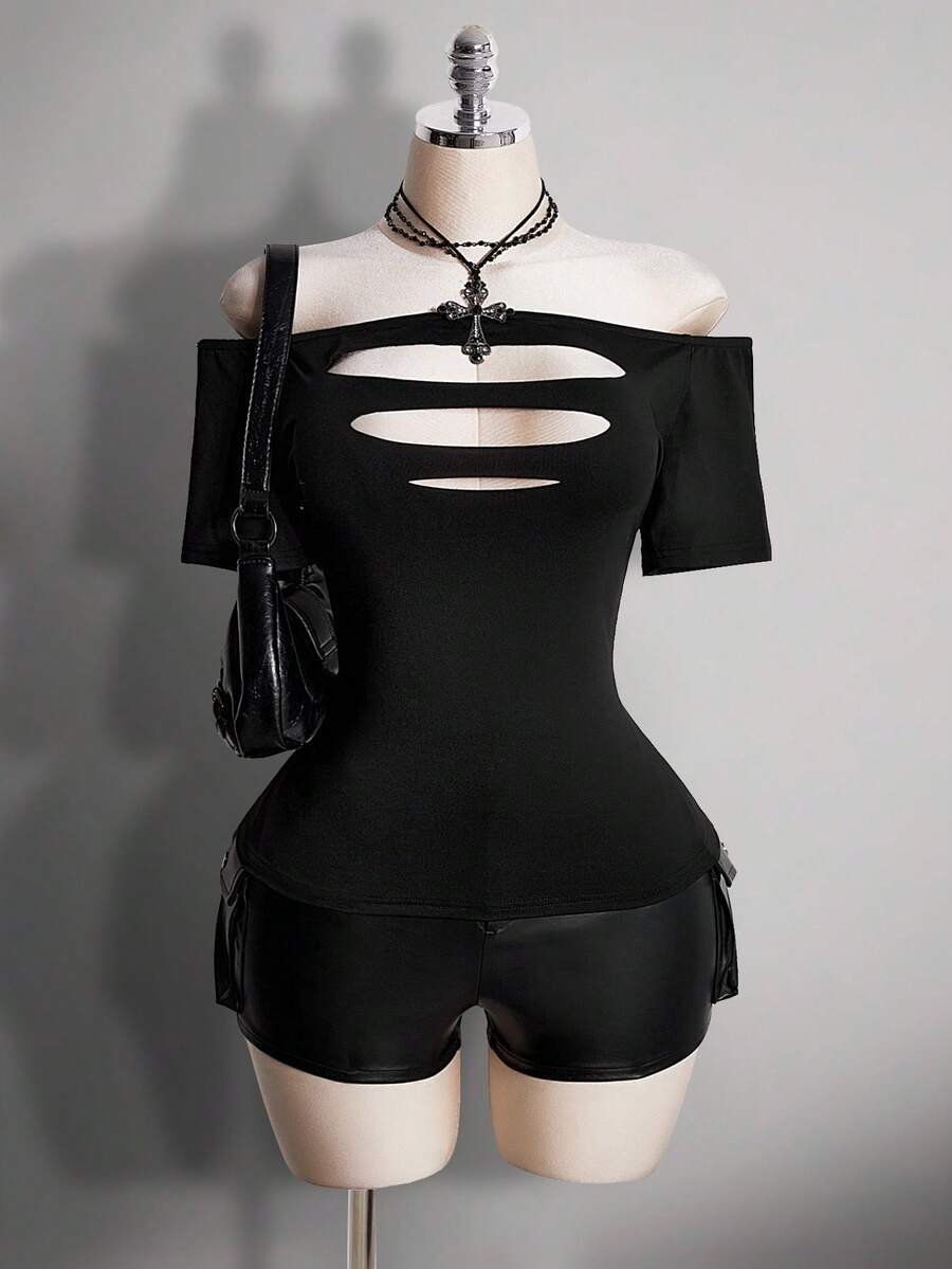 SHEIN ICON 大码复古千禧风 Y2K 性感辣妹时尚个性大胆街头风简约百搭哥特朋克摇滚露肩破洞黑色修身T恤 - 黑色 - 查看 1