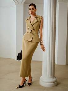 ZEYLAH 2 pièces : Veste coupe-vent sans manches élégante et jupe droite, style vintage, tenue de bureau classique et élégante, printemps/été - Kaki - Voir 4