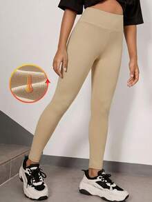 SHEIN Tween Girl Beige Stretchy Casual Sports Leggings With Thermal Lined, Solid Color Sports Leggings, Running Tights - Apricot - View 7