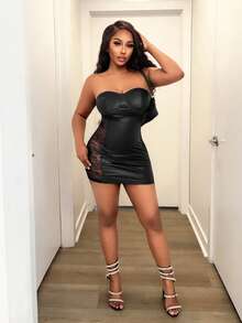 BamGleam Ladies' Strapless Backless Lace-Spliced See-Through Black Mini Dress, Coated Bodycon Elegant Party Outfits For Summer, Techno, Club Night, Rave - Black - View 7