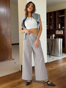 SHEIN EZwear 棕色和白色条纹编织女士休闲裤，春夏