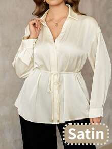 Roveilla Plus Size Women's French Elegant Luxurious Chic Christmas Party Minimalist High-End Casual Resort Workwear Vintage Comfortable Solid Satin Collared V-Neck Open Front Belted Flared Long Sleeve Shirt, Spring/Autumn/Winter Curvy Blouses Plus Size Blouses White Elegant Blouses Cream Blouse Plus Size Women Clothes Blouse