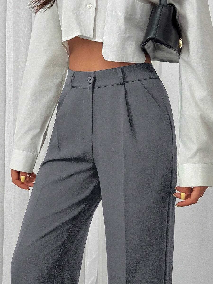 EURMUSE Quần chi tiết thắt lưng cổ điển, thiết kế cạp cao, xếp ly phía trước, trang phục công sở, ống đứng, trang phục chuyên nghiệp, vừa vặn, thời trang công sở, quần tây trang trọng, trang phục thường ngày thông minh, đường nét gọn gàng, phong cách truyền thống, trang phục thiết yếu cho tủ đồ công sở, vải chất lượng, vẻ ngoài tinh tế, trang phục công sở, hình bóng hiện đại, trang phục chuyên nghiệp cho doanh nhân - Xám - Xem 1