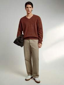 RONVEXI Men's Casual V-Neck Drop Shoulder Cable Knit Sweater, Autumn/Winter - Bronze - View 5