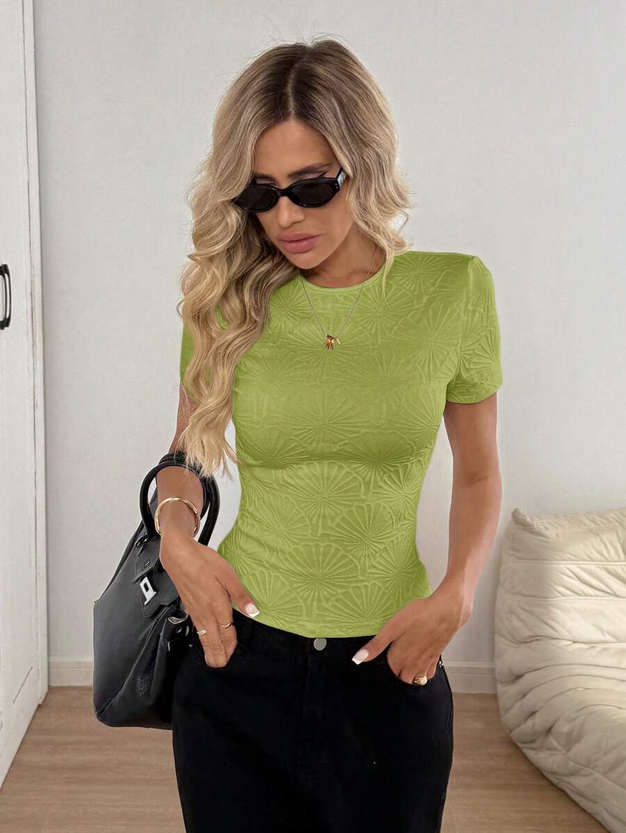 SHEIN LUNE Women's Casual Knit Textured Jacquard Fitted Short Sleeve T-Shirt, Basic Everyday Wear, Spring/Summer - Green - View 1