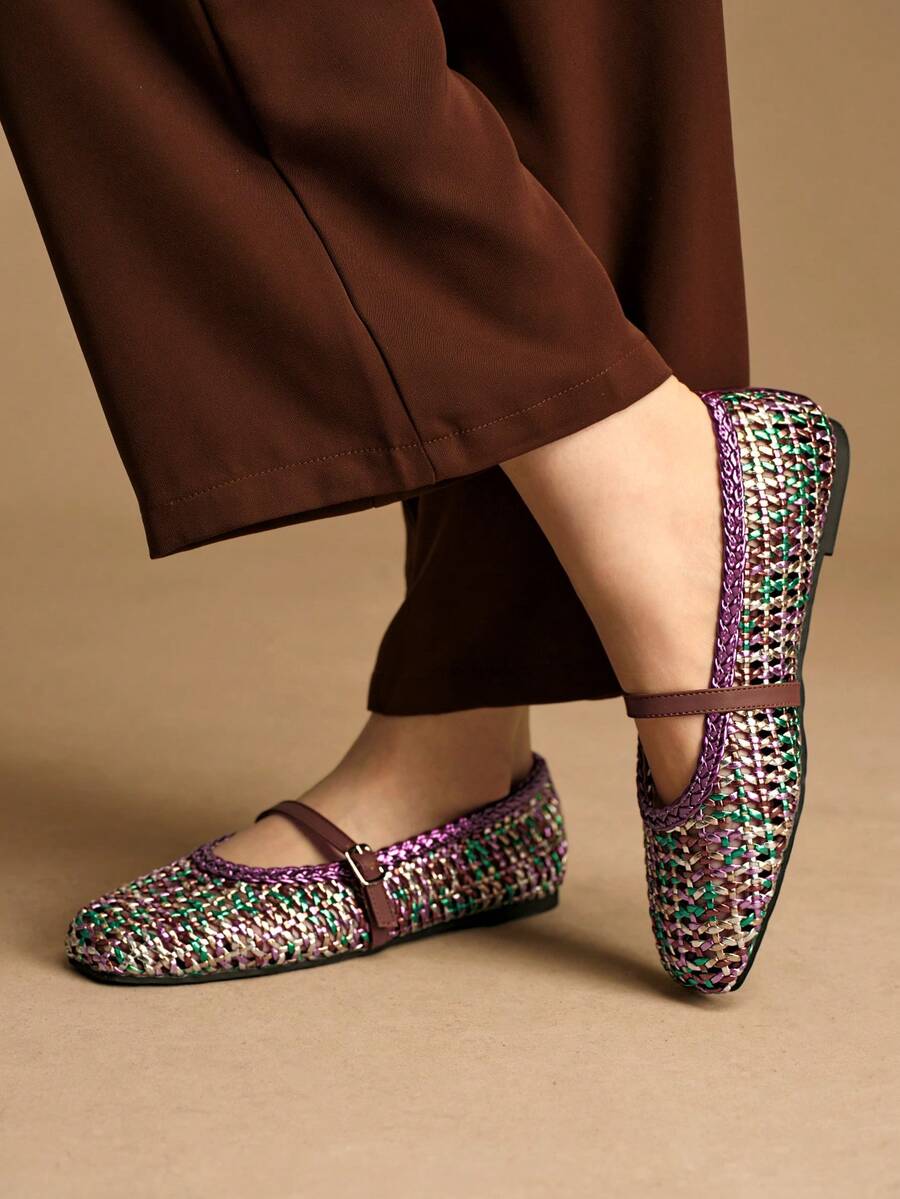 Rosivie Zapatos planos tejidos de colores llamativos y con diseño hueco, de moda para el día a día - Morado - Ver 1