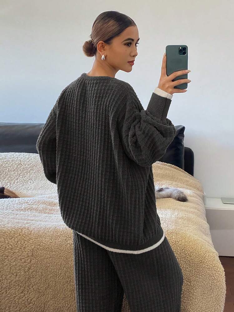 2pcs Women Winter Knitted Contrast Trim Loose Long Sleeve Top And Pants Pajama Set