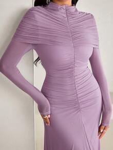 Feyla New Design Pleated Cinched Waist Elegant Romantic Party & Holiday Dress - Purple - View 5
