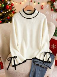 Franclia Plus Size Women Knitted Casual Pullover Sweater, Fashion Flare Sleeve Bow Decor Versatile Knitted Tops For Women Jumper For Woman Sweater For Women Pullover For Women Sweater Top