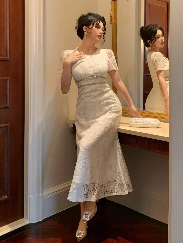 Women's Floral Lace Round Neck Puff Sleeve Elegant Dress Cocktail Dress