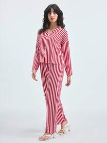 Loungeista 女士宽松纽扣条纹长袖上衣和松紧腰裤家居服套装（2件套），冬季服装 - 紅白色 - 查看 5