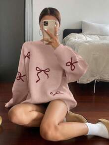 DAZY Suéter holgado de punto con cuello redondo y lazo, para mujer, de otoño/invierno - Rosa - Ver 2