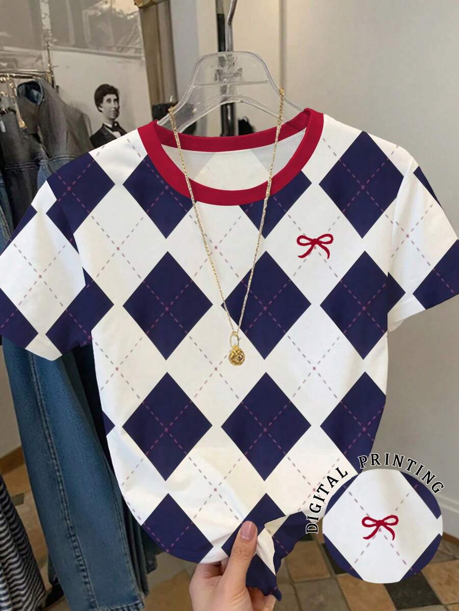 Resyla Women's Colorblock Round Neck Short Sleeve Argyle Casual T-Shirt, Versatile For Summer