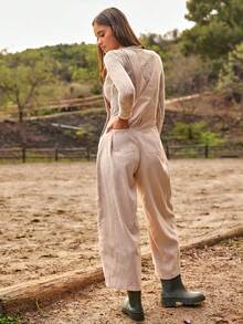 WESTFADE Overall Corduroy Longgar Model Kaki Lurus untuk Musim Dingin, Natal, Tahun Baru, Kasual, Imut, Boho - Krem - View 2