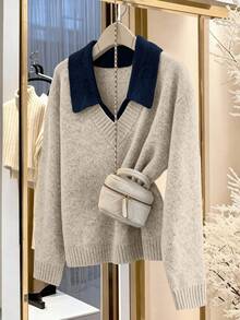 SHEIN PETITE CURVE Áo len dài tay cổ chữ V phối màu xám cỡ lớn, thoải mái khi đi làm. - Màu be - Xem 1