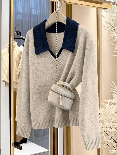 SHEIN PETITE CURVE Plus Size Gray V-Neck Colorblock Design Long Sleeve Sweater, Comfortable For Commuting