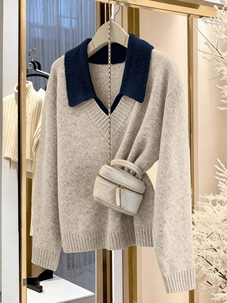 SHEIN PETITE CURVE Áo len dài tay cổ chữ V phối màu xám cỡ lớn, thoải mái khi đi làm. - Màu be - Xem 1