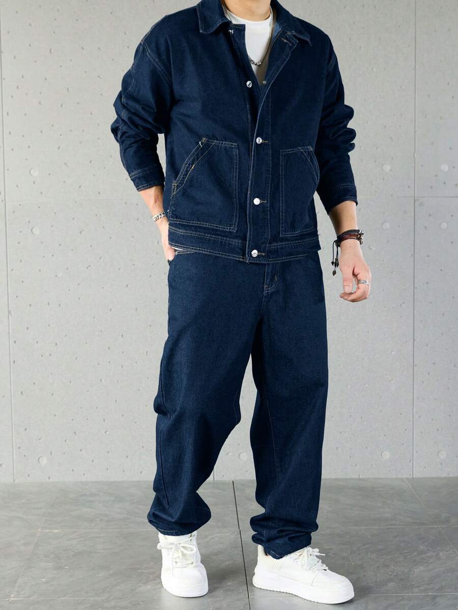 Manfinity Homme 男士休闲牛仔外套和裤子套装,单排扣长袖男士牛仔套装 - 中等水洗藍 - 查看 1