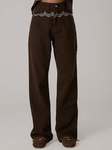 MUSERA Quần jeans ống đứng thêu họa tiết phía trước, kiểu dáng thường ngày dễ thương, phù hợp mùa thu đông ấm áp, phong cách Coco Cloud, thích hợp cho mùa xuân hè. - Màu nâu Sô-cô-la - Xem 3