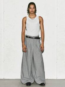 PAVTROS 男士宽松灰白条纹纹理休闲裤，适合秋季通勤 - 灰色 - 查看 4