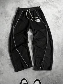 ROMWE MEN Men's Glitter Sequin Drawstring Waist Loose Sweatpants - Black - View 3