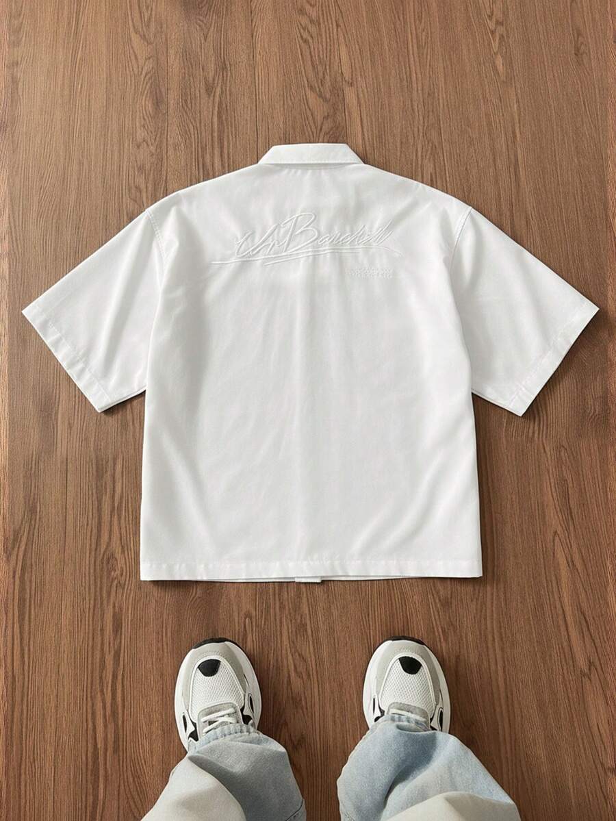 SWAVVY Men's Casual Everyday English Graphic Loose Short Sleeve Polo Shirt Men Boxy Shirt White Shirt Men Street Wear Shirt Double Sided Printing Shirt Cotton Shirt White Short Sleeve Shirt Embroidery Back Shirt Double Sided Printing Cotton Shirt Embroidered Shirt - White - View 1