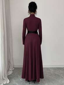 SHEIN Elenzya 女士奢华纯色长款针织连衣裙，半高领设计，修身剪裁，腰带装饰，凸显身材，复古优雅，适合日常、约会、晚宴、情侣装，秋冬内搭，春季外穿。 - 中紫紅色 - 查看 2