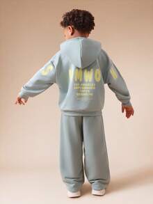 SUMWON Boys Relaxed Fit Pullover Hoodie And Wide Leg Joggers Set With City Print Back And Leg Detail For Casual And Vacation - Green - View 6