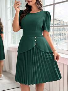 Ellevyn Đầm xếp ly công sở thanh lịch thiết kế bất đối xứng màu trơn cỡ lớn khóa kim loại trang trí - Màu xanh lá cây đậm - Xem 7