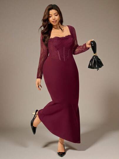 Auralis 新款大码女士秋冬派对约会晚礼服性感S型蕾丝长袖罩杯鱼骨领方领紧身修身黑色特长连衣裙性感优雅女装