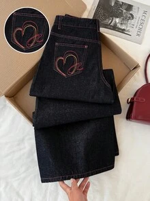 Comfortcana Women's Heart Pattern Casual Denim Jeans - Dark Wash - View 1