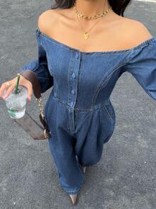 Siren Gaze 休闲街头风露肩长袖女式牛仔连体裤 - 深色水洗藍 - 查看 4