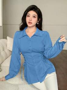 Modelyn Drawstring Tie Neck Minimalist Solid Color Long Sleeve Women Blouses - Blue - View 6