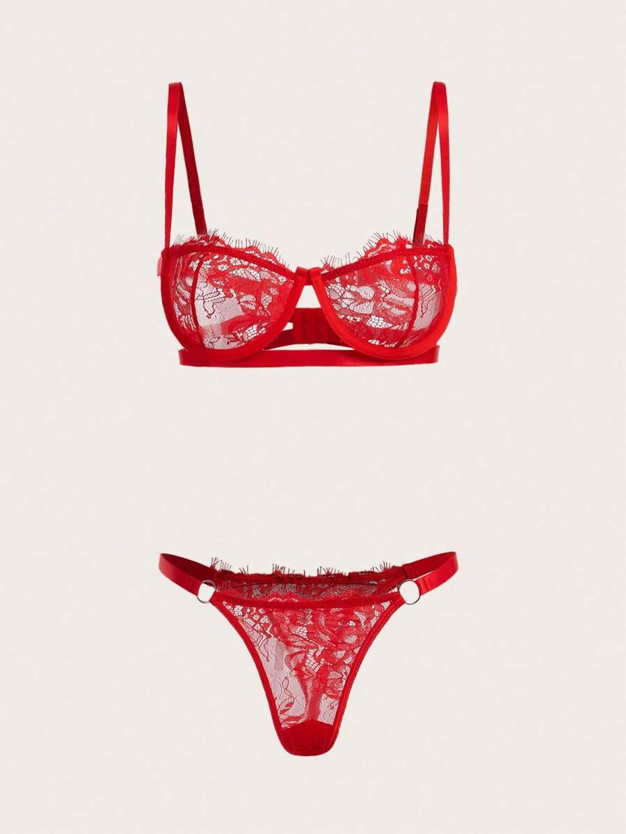 Floral Lace Cut-Out Underwire Bra & Ring Linked Panty Sexy Lingerie Set Bridallingerie - Red - View 1