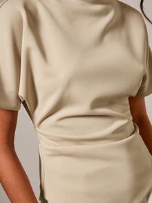 COSMINA Women's Elegant Ruched Round Neck T-Shirt, Suitable For All Seasons Neutral Tops - Khaki - View 5