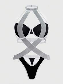 SHEIN 1 件异国风情哥特银色交叉镂空性感女式紧身衣