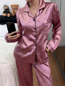 SHEIN Conjunto de pijama de manga larga y pantalones con estampado de corazones de satén - Rosa - Ver 3
