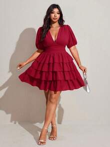 Viva Relle Plus Size Women's Elegant Solid V-Neck Puff Sleeve Layered Ruffle Hem Casual Dress, Suitable For Vacation, Beach, Date, Party, Music Festival, Spring/Summer, Versatile Design