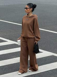 Muchica Bộ 2 món áo hoodie và quần nỉ lót nhiệt màu nâu mới thời trang thu đông cho nữ - màu nâu - Xem 3