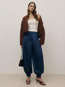 Nöista Satin Navy Balloon Trousers Pants Fwith A High Waist With Darts, Front Pockets, And A Blouson Leg Finished With Pleated, Cuffed Hems. Front Zip Fastening. Spring, Summer, Woman. - Royal Blue - View 3