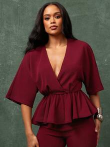 Vixey Burgundy Textured Deep V Neck Wide Wide Quarter Sleeve Peplum Office Top - Burgundy - View 3