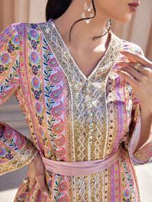 Al Najma Women's Elegant V-Neck Long Sleeve Cashew Pattern Arabic Style Dress Modest Dress Maxi Long Sleeve Dress Formal Elegant Party Uxury Evening Dresses Wedding Party Dress - Multicolor - View 5