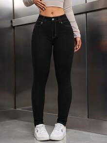 SHEIN Tall Vaqueros slim fit lavados versátiles para uso diario - Negro - Ver 4