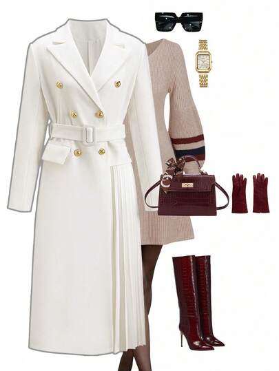 Ellevyn Women's Long Sleeve White & Apricot Metal Button Pleated Skirt With Belt, Elegant Everyday Wear, Long Woolen Dress For Autumn/Winter Winter Clothes For Women Pleated Coat White Long Autumn/Winter Coat Metal Buckle