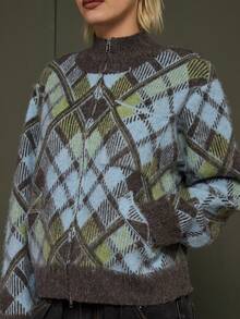 COUREZ Maglione con chiusura lampo e collo alto a quadri/Maglione da donna in stile Y2K per l'inverno, caldo e morbido, in maglia casual, adatto per uscire, per feste e Capodanno